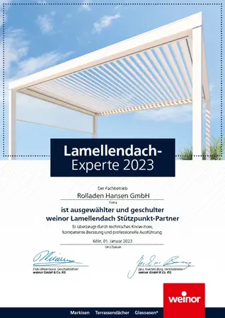 Zertifikat „Lamellendach-Experte 2023“ für weinor Lamellendach Partner