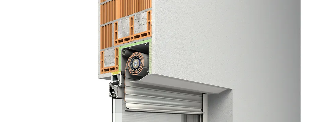Aufsatzrollladen im Mauerwerkquerschnitt, Detail von Rollladenkasten und Gurtzug