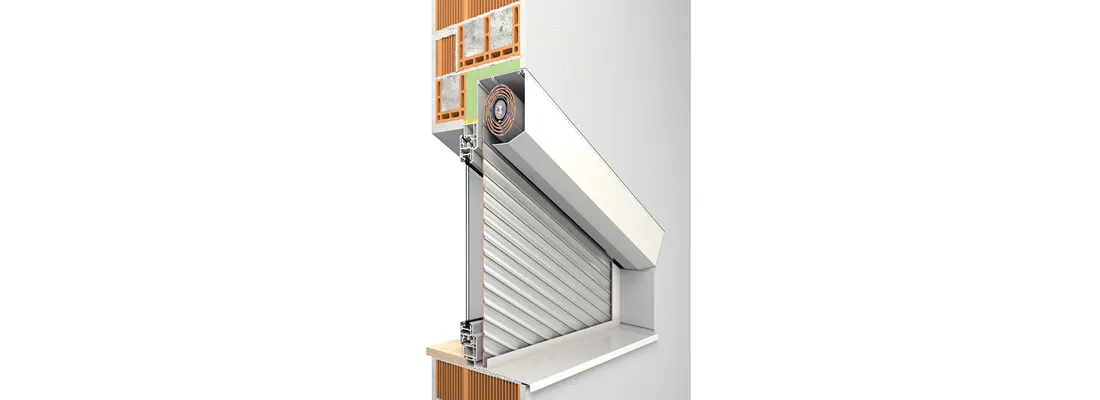 Schnittbild Rollladenkasten mit Aluminium-Rollladenpanzer am Fensterrahmen